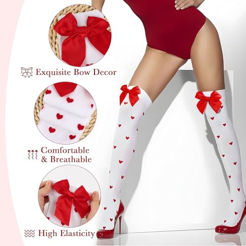 1 paar witte hoge hoge sokken rode hart knie hoge sokken met Bows Opaque Over knie witte sokken voor vrouwen Valentijnsdag Kerst Halloween Party Gifts, White & Red, 37-40 EU, wit & rood 4