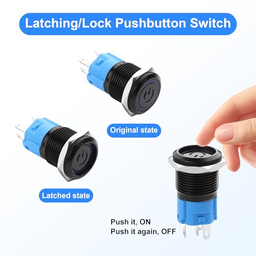 IP67 Waterdichte metalen drukknop - 9-24V 5A Blauw LED-autoontstekingsschakelaar met roestvrijstalen behuizing en voorbekabelde Plug Socket (2-pack) 3