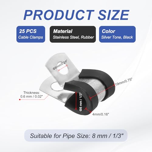 8mm (1/3 inch) Kabelklemmen, 25 stuks Rubber bekleed Gewatteerde buisklemmen, 304 roestvrij staal geïsoleerd draadklem voor buisbuis draad touw installatie zwart