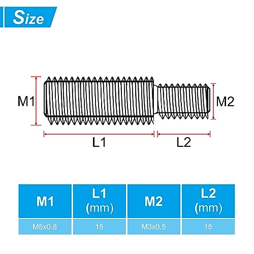 M3 x M5 x 30 dubbele schroefstaafbouten, 5 stuks rosvrij staal 304 schuurdraadverloopadapter voor meubelbeslag, lengte 31 mm
