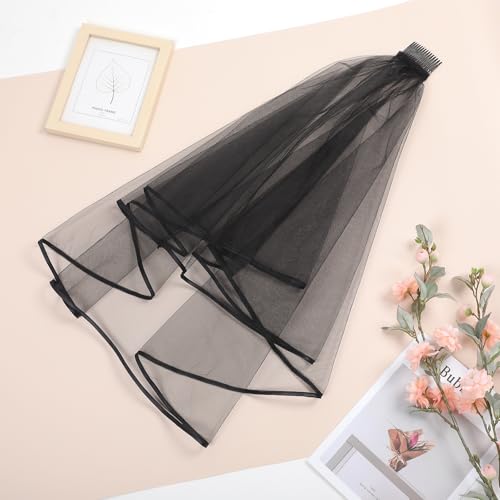Bruidssluier Korte met Comb, 2 Stage Tulle Zwarte Halloween Witch Cosplay Elbow Lengte Ribbon Edge 60-80cm Zwarte korte bruiloft bruid Veil, zwart 4