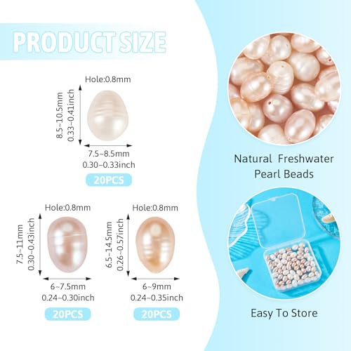 60 st Natuurlijke zoetwaterparels, 6-9 mm breed, ovale rijstvorm voor DIY Kettingen, armbanden, bruiloften, ambachten, sieraden, gat: 0.8