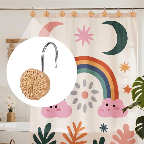 12 stuks Boho Knoppen Douche Gordijn haken, Decoratieve geweven Rattan Douche Gordijn Ringen Boerderij en kuststijl Badkamer Hangers Accessoires voor standaard Rod 5