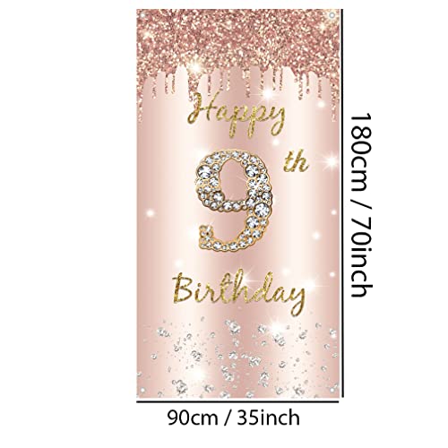 9th Birthday Girl Decoration, Happy 9 Birthday Rose Gold Door Banner, 9th Birthday Fabric Sign Poster Decoration Banner, 9th Birthday Achtergrond Banner Birthday Party Decoration