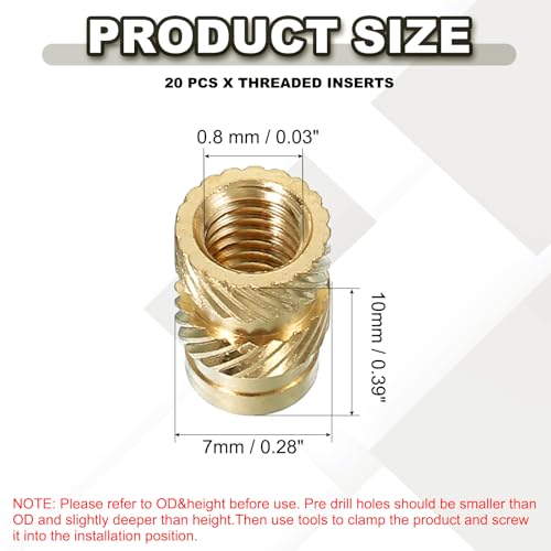 Inserts, M5 x 10 x 7 mm, 20 stuks Messing Verwarming Inserts, Vrouwelijke draad Inserts, Metric Knurled Nut, Inbedding Nut voor Plastic en 3D afdrukken Componenten