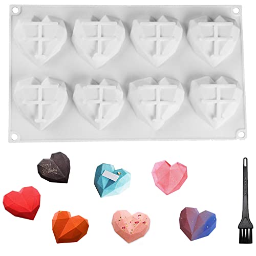 Heart Siliconen Vorm, 3D Diamant Herbruikbare Vorm Bakvorm voor het maken van kleine cake, chocolade, snoep, bakken, Keukenvorm, met schoonmaakborstel, 1 stuk