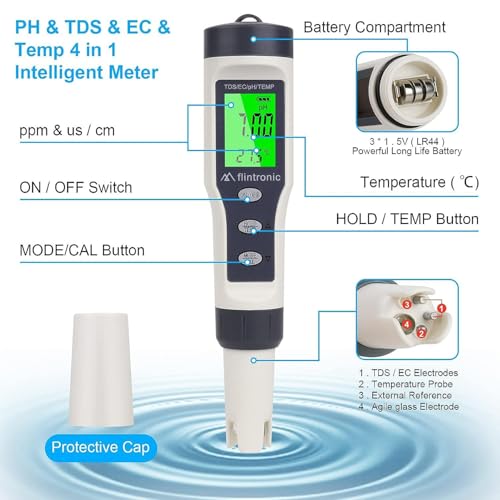 4-in-1 pH-meter, PH/TDS/EC temperatuurmeter met achtergrondverlichting, 0-14 pH Meetbereik ± 0,1 pH Nauwkeurigheid, pH-waarde meetinstrument voor zwembad, Drinkwater, Zwembad, Aquarium