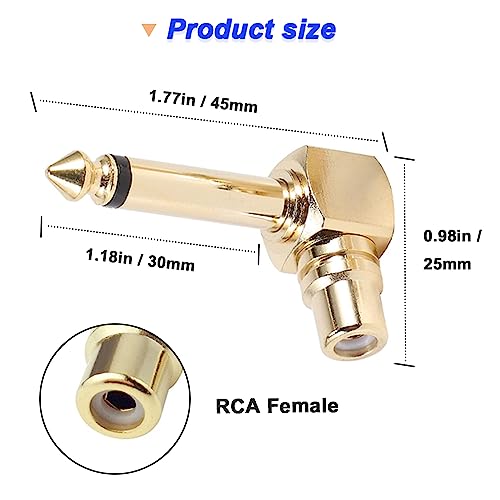 RCA tot 1/4" audioadapter, 90 graden 6,35mm Mono Man Microphone Plug aan RCA Vrouwelijke Connector, Gold Plated Pure Koperen Gitaar Jack Connector (2 PCS) 3