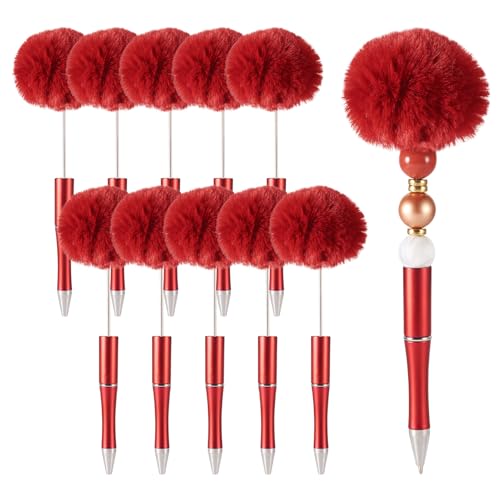 10Pcs Pom Pom Balpennen Rode Pluizige Kralen Pennen Plastic Kralen Pen Voor Geschenken Leerschool Kantoor Ambachtelijke Benodigheden
