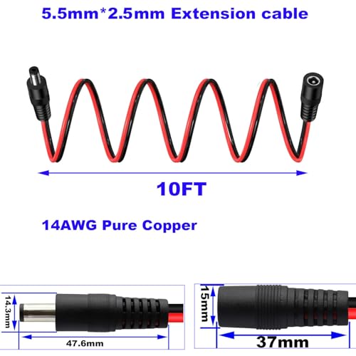3m 14 AWG 2.5mm x 5.5mm Uitbreiding Kabelvermogen Kabel DC Plug naar Bus Connector, 12V 10A DC voeding Connector voor videobewaking CCTV Camera LED
