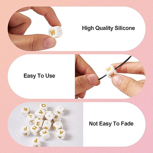 52 st Siliconen Alfabet Kubus kralen 12x12mm Vierkante Siliconen kralen met gouden alfabet brief A~Z voor DIY sieraden armband maken, Gat: 2mm 3