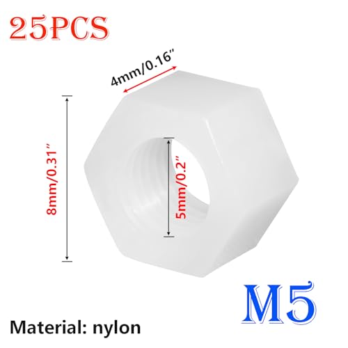Verpakking van 25 Nylon Hex Noten M5 Plastic Lock Noten voor Bouten/schroeven, wit