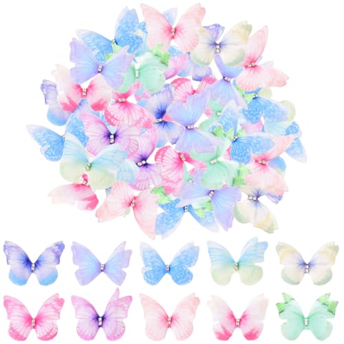 100 stuks Kleurrijke stof Vlinders voor ambachten, 3D Vlinder Appliques Wanddecoratie Accessoires 2 Lagen Mini Vlinder Toepassingen voor doe-het-zelf sieraden Scrapbooking Hair Clips (10