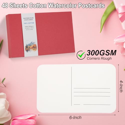 48 Vellen Aquarel ansichtkaarten, 100% Katoen 100 x 15cm Blanco afgeronde hoeken Aquarelpapier Postkaarten Rough for Mailing Art Painting Drawing, 150lbs/300g/m2 (rood)