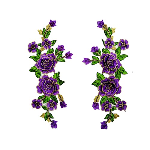 2 st Borduurwerk Kleding Stickers Rose Flowers Multi-Color Floral Stage kostuum jurk Kleding Accessoires Borduren Patches Handsewn Corsage-Purple 3
