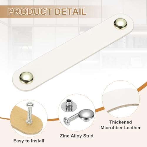Lederen Lade Pulls, 4 stuks Lederen Handvat Dubbele Hole Cabinet Dresser Knobs met Schroef voor Badkamer Keuken Dresser Kabinetdeur, Wit 3