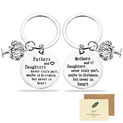 Cadeau voor mama en papa, Moeder Keychain, Papa Keychain van dochter, Cadeau voor mama en papa, Verjaardag, Moederdag, Vaderdag, 2 stuks, met wenskaart, zilver, 3 cm/1.2 Zoll, zilver