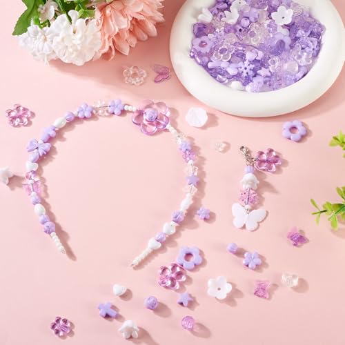 100g Diverse Acryl kralen Bloem Kralen Caps Bowknot Vlinder Cross Leaf Esthetic Craft Kralen Bulk voor armband sieraden maken, Medium Paars & White