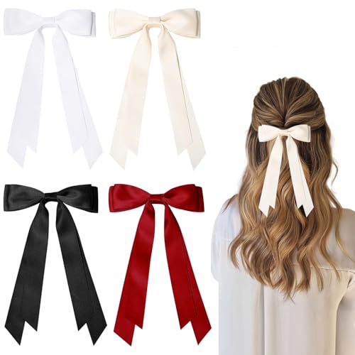 4 Stuks Hair Bows voor vrouwen, Silky Satin Hair Bows, Hair Clip met Bow, Metalen Clips met Long Ribbon, Franse lange staart boog voor meisjes en vrouwen, Vintage