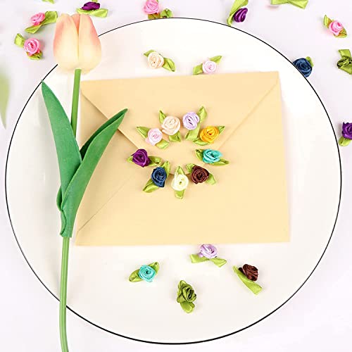 Verpakking van 100 Mini kunstmatige bloemen Rose hoofden met blad appliques voor ambachten decoratie Garland, Multi-gekleurd