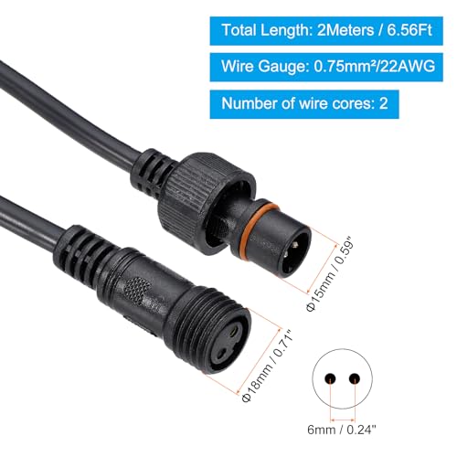 Extension Cable, 2-Pin, 18 AWG, Waterproof IP67 Plug met Plug en Socket aan beide uiteinden voor LED Strips, zwart