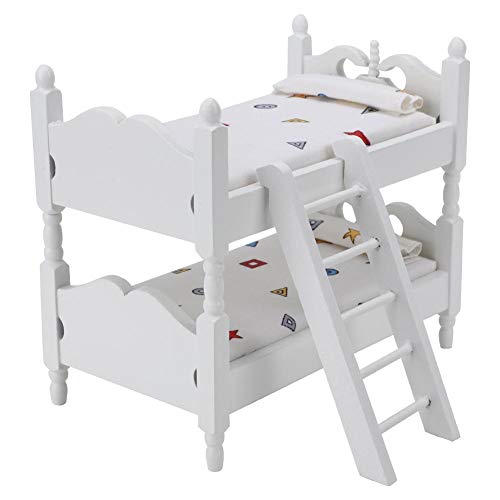 Bicaquu Poppenhuis Bunk Bed, 1:12 Mini Poppenhuis Bed, Miniatuur Simulated Houten stapelbed, Meubilair, Model Speelgoed Accessoires (White)