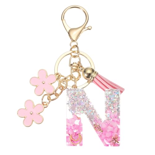Alfabet eerste brief sleutelhanger, hars leuke hanger bloemen en tassel brief N Charm voor vrouwen handtas accessoires, roze