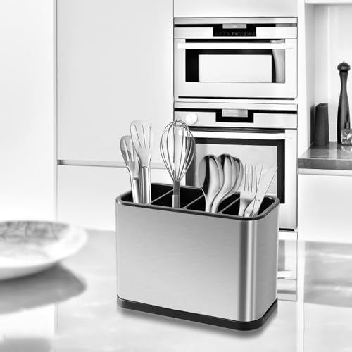 Keuken Utensil houder met 4 roosters, roestvrij staal, Bestek Drainer mand, Keuken Utensil houder, Non-Slip Bar houder met Draining Plate, Opslag emmer voor Bestek, Lepel, Vork, Messen 5