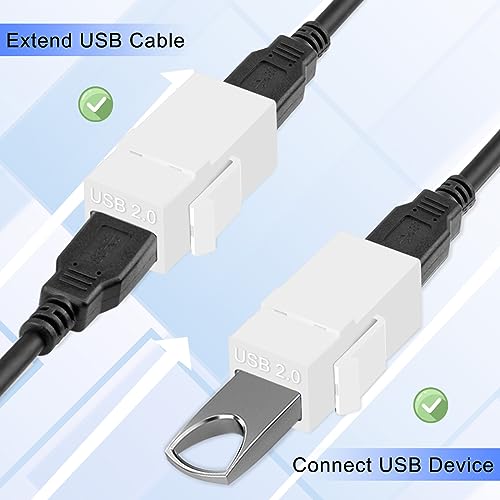 USB 2.0 Keystone Jack Insert, USB naar USB Vrouw tot vrouw paar adapter Connector Interface Jack voor Wall Plate Output Panel, met Blanco Keystone Jack Inserts, Wit, 6PCS 3
