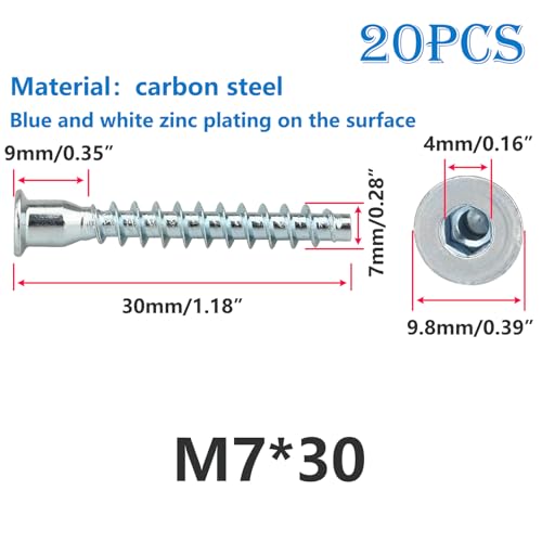 20 stuks bevestigen meubelschroeven, M7 x 30mm bevestigingsschroeven, schroeven hexagon, voor snelle verbindingen en reparaties