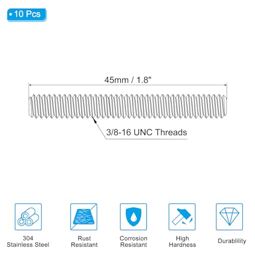 3/8"-16 UNC Full Threaded Stainless Steel 304, 10 stuks Lange rechter draad Schroef voor Bolts Ankerklemmen Haak U Bolts