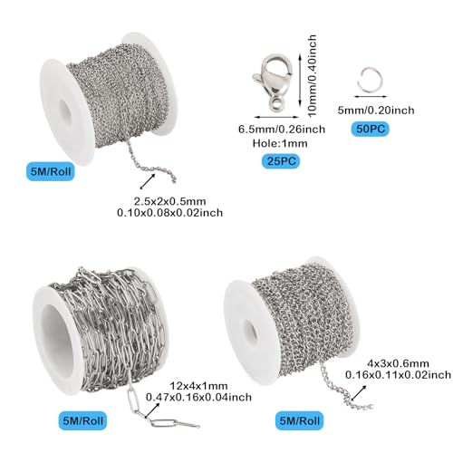 3 Rolls 5M Roestvrij staal Paperclip Kettingen Metalen Oval Link Kabel ketting Twisted Curb Kettingen met Jump Rings Klauw sluiting voor DIY armband ketting sieraden maken 5