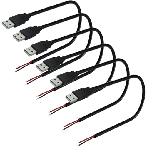6st USB 2.0 Plugs, USB-poort voor Solderen, USB-plug, Bare 2-Pin Pigtail Kabel voor geïnstalleerde USB-apparaten of DIY-vervangingsreparatie (30cm)