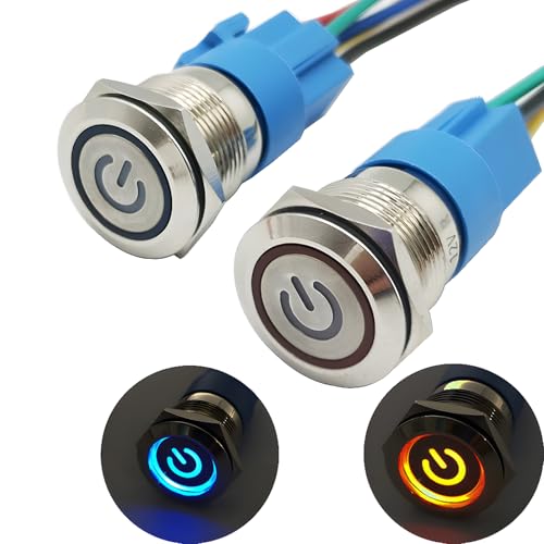 2 stuks Vergrendelbare drukschakelaar, LED verlichte drukknop, metalen drukknop, IP67-knop, roestvrij staal 12V LED Angel Eye Head for 16mm Mounting Hole (Blue+Red)
