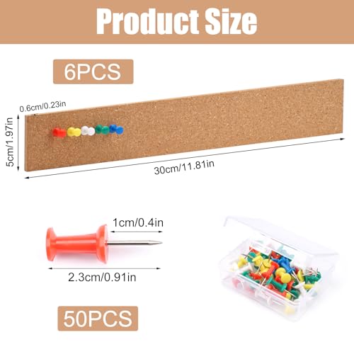 6 stuks Bulletin Board met Stripes Cork Board, Pin Board Strips Cork Board met 50 Lap Pins, Small Cork Board 12"x2," Zelfklevende Cork Boards voor Walls voor Sticky Notes Foto's Memo's Jewelry