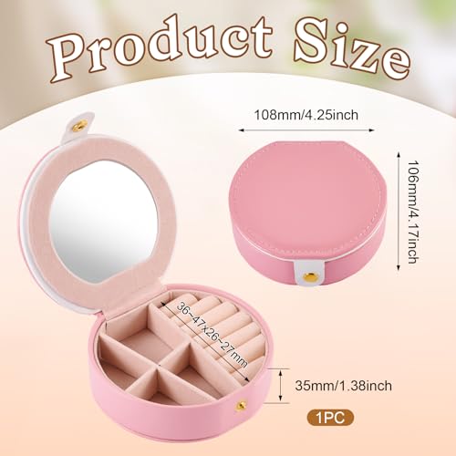 Draagbare sieraden doos met spiegel Ronde Mini lederen reis sieraden dozen ringen oorbellen geval kleine sieraden Circular Lock Organizer voor vrouw sieraden, roze 4