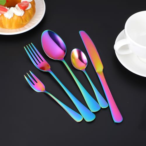 Rainbow Bestek Set van 5 Kleurrijke Roestvrij stalen Dining Bestek Set met Diner Messen Vorken Lepels Rond handvat Reizen Bestek voor Party Home Vaatwasmachine Veilig