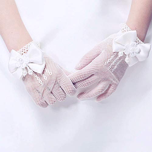 Meisjes korte elegante satin Bow Fishnet handschoenen gaten pols lengte handschoenen voor bloemen meisjes 4