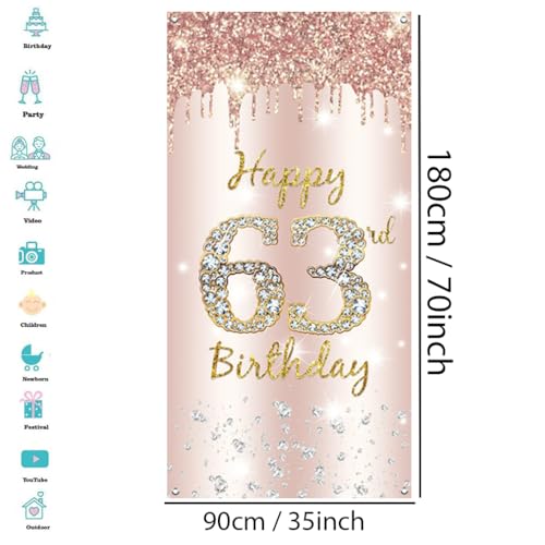 63e verjaardag decoratie vrouwen, Gelukkig 63e verjaardag deur banner roos goud,63e verjaardag stof teken poster deur decoratie,63e verjaardag achtergrond banner dames, verjaardag feest welkom teken 3
