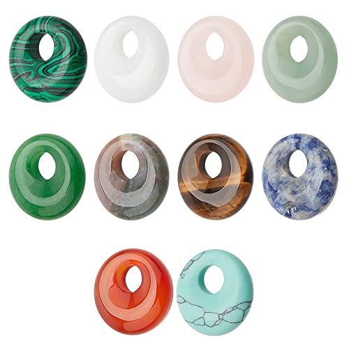 10 st 10 stijlen natuurlijke donut edelsteen hangers, 17.5mm platte ronde synthetische donut steen hanger Large Hole Healing kristal kralen Bedels voor sieraden maken, Gat: 5.5mm