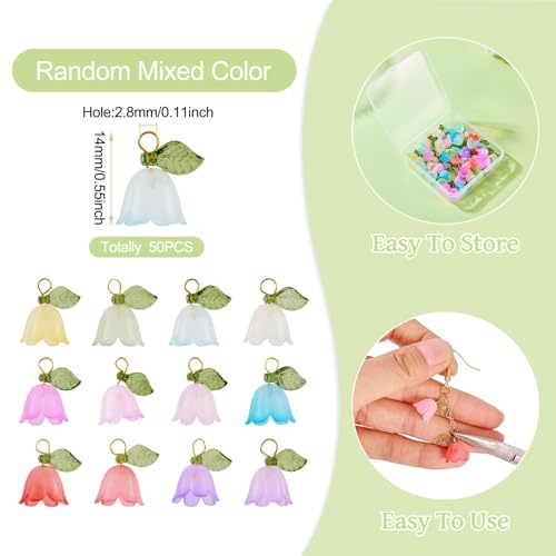 50 st Lily Flower Charms Lily van de Valley Dangle Charms Bell Bloem met blad acryl hangers Bulk voor sieraden Craft ketting sleutelhanger armband DIY, acryl metaal, Nee 5