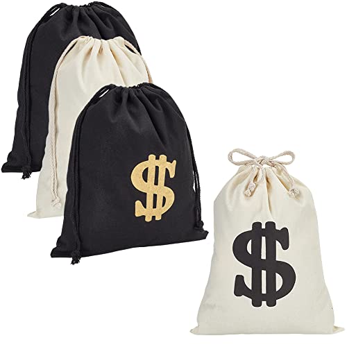 4 stuks 2 maten Canvas Large Money Bag, 2 Kleuren Dollar Teken Money Bag Canvas Drawstring Bag Canvas Coin Bag Kleding Pouch met koord Sluiting voor sieraden Cosplay Thema Halloween Party gunsten