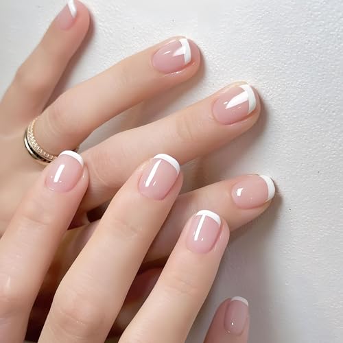 24 stuks Franse Valse Nagels Pers op Nagels Volledige dekking Franse Tip kunstmatige Nagels met lijm Naakt White Square lijm Nagels Kort voor vrouwen Meisjes Nagels Art 3