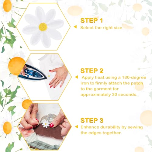 Geborduurde pleisters voor strijken of strijken - Daisy motief - Voor kleding, hoeden, jassen, rugzakken (5 maten), wit en geel 5