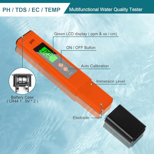 pH-meter, digitale pH-meter, pH-meter, waterkwaliteitmeter, LCD-weergave met groene achtergrondverlichting voor zwembad, Spa (oranje) 5