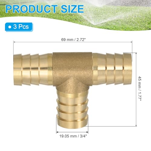 3/4" Messing Tee slang passen, 3 st 3 Manieren Intersectie T-vorm Barbed Wire Split voor lucht water brandstof gas vloeibaar, goud