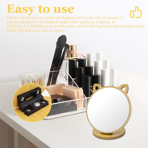 Opvouwbare spiegel, verstelbare hoek, cosmetische spiegel, Kattenoorvorm, Spiegel voor kinderen, Tafelspiegel met houten basis voor slaapkamer, woonkamer, badkamer 4