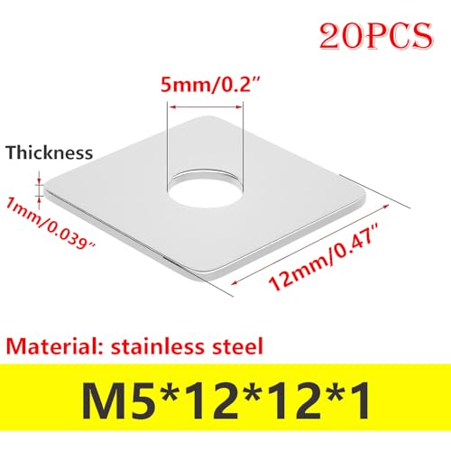 Verpakking van 20 vierkante ringen, M5 roestvrijstalen ringen, vierkante ringen, M5 x 12 x 1 mm, voor bevestiging