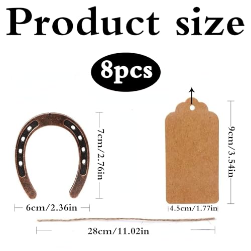 8 stuks hoefijzers gelukkige charme set, hoefijzer decoratie set, 6 x 7 cm, gelukkige charme, hoefijzer, geschenk met hennep touw, kraftpapier hanger, geschikt als een geschenk om goede wensen uit te drukken