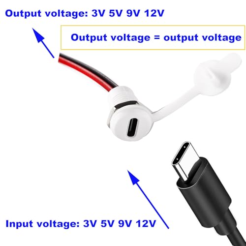 Verpakking van 10 USB C Socket, 5 V, 3 A, 2 Pin met stofhoesjes en Noten, 2-Wire USB C Solderen, Ingebouwde Socket met PD-functie, 150 mm, 24 AWG Wires, Wit 4
